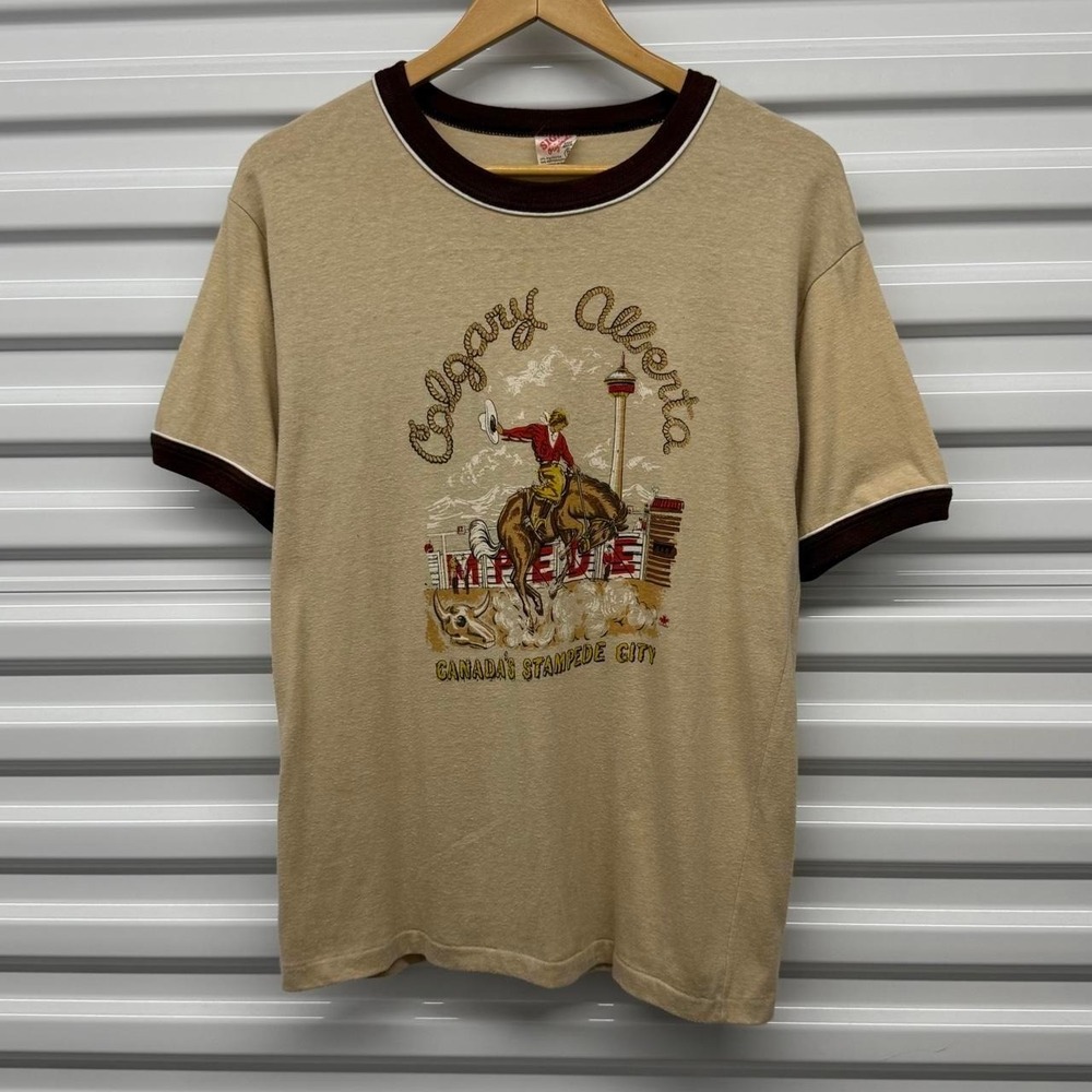 VTG 80's Calgary Alberta Canada's Stampede City Cowboy Ringer T-Shirt Size M
